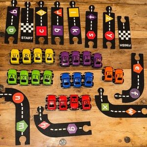 Selling as it is, colorful Toy Car Set with track to teach letters and colors